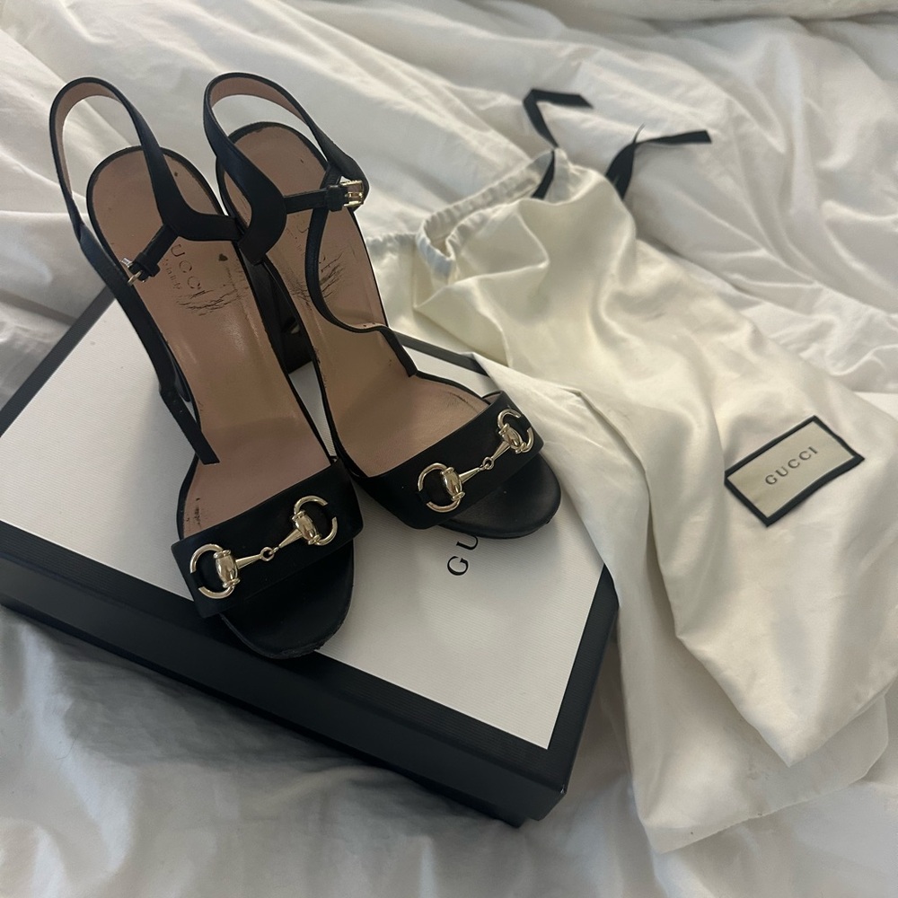 Gucci Black Heeled Sandals with Gold Accents
